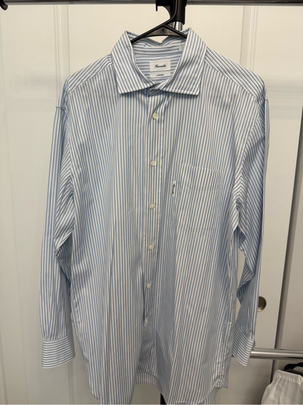 Faconnable Men’s Blue and White Stripe Dress Shirt